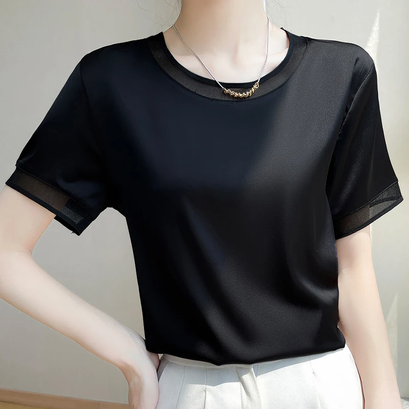 Summer New Ladies Silk Round Neck Gauze Short Sleeve T-shirt Fashion Color Matching Acetic Acid Loose Pullover