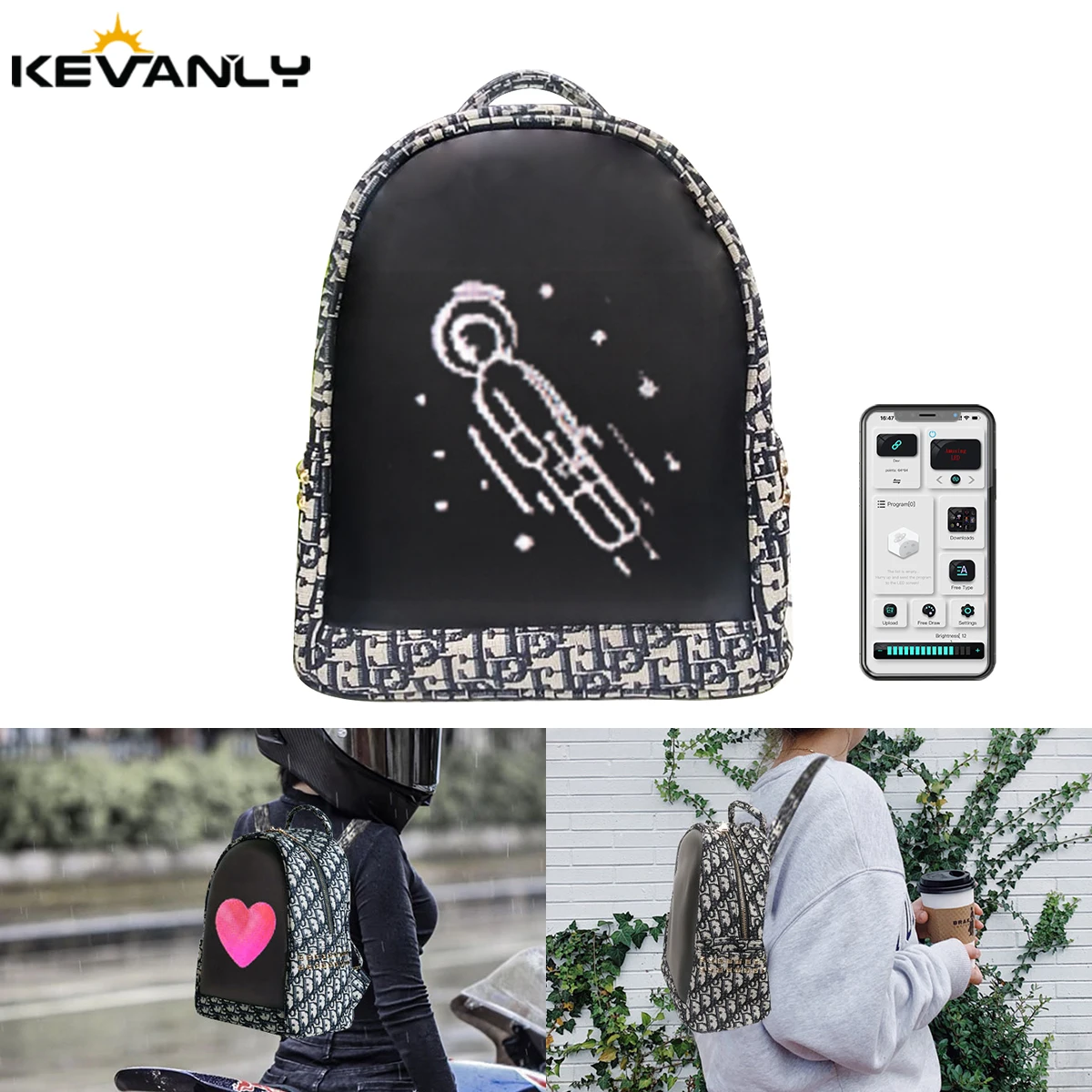 

LED Screen Digital Backpack Black White Pattern Schoolbag Travel Bag For Girls APP Control Motorcycle Riding Hard Shell Bag