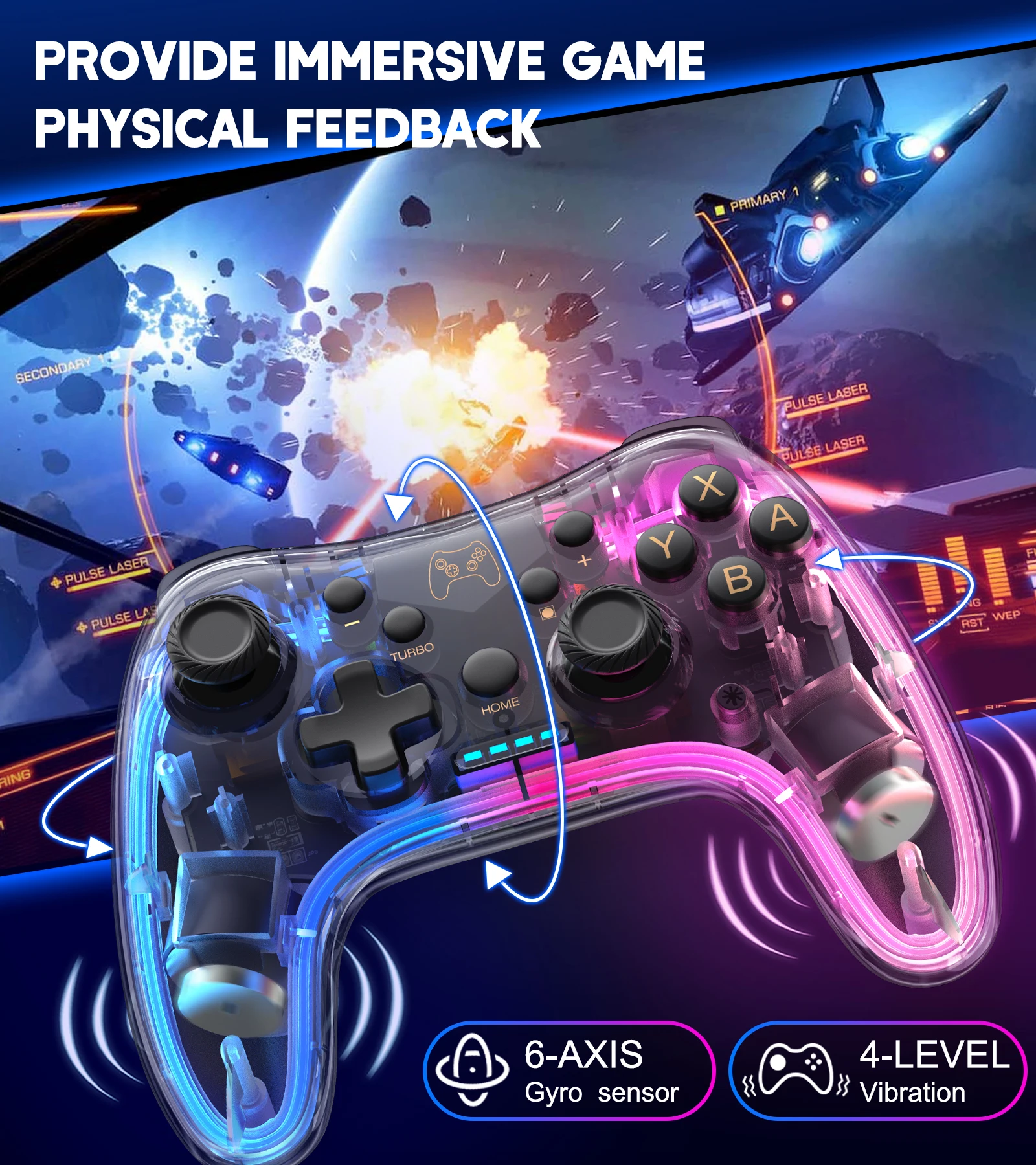 لوحة ألعاب لاسلكية مضيئة ملونة RGB لنينتندو سويتش/لايت/أوليد مع 6 محاور جيروسكوبية MFI/HID ألعاب عصا تحكم لأجهزة الكمبيوتر/أندرويد/آيفون