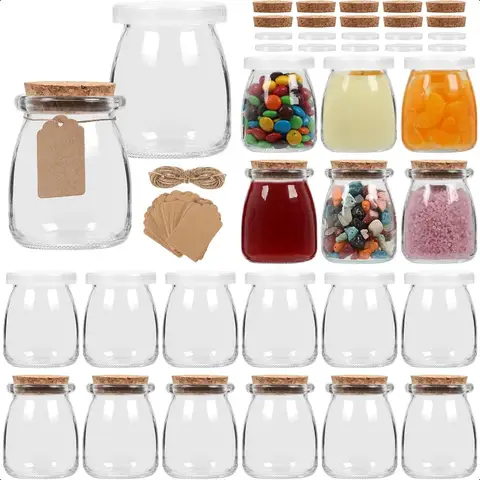 6.7 oz Glass Yogurt Jars 20 Pack with Cork Lids andPE Lids Container for Candy Cake Pudding Yogurt Jam Empty Candle Jars for Ca