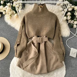 Hikigawa Chic Fashion Turtleneck Knitted Women Pullovers +Slim All Match Solid Bandage Skirts Spring New 2 Set Ropa Mujer