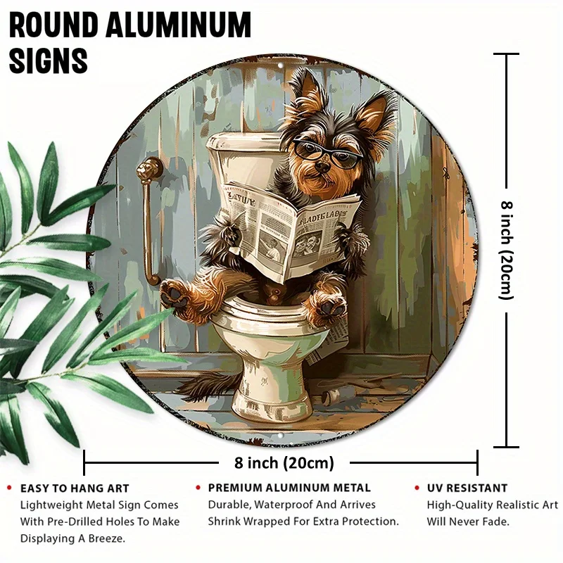 8x8inch (20x20cm) Round Aluminum Sign: Funny Metal Decor Sign Featuring a Yorkie Reading a Newspaper, Suitable for Indoor and Ou