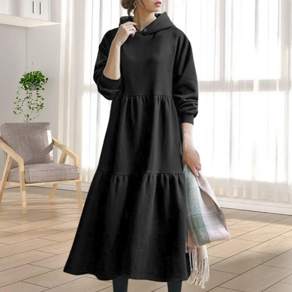 

Autumn Winter Women Sweatshirt Dress Ruffles Long Sleeve Loose Large Hem Hoodies Dress For Vacation Vestidos Femininos