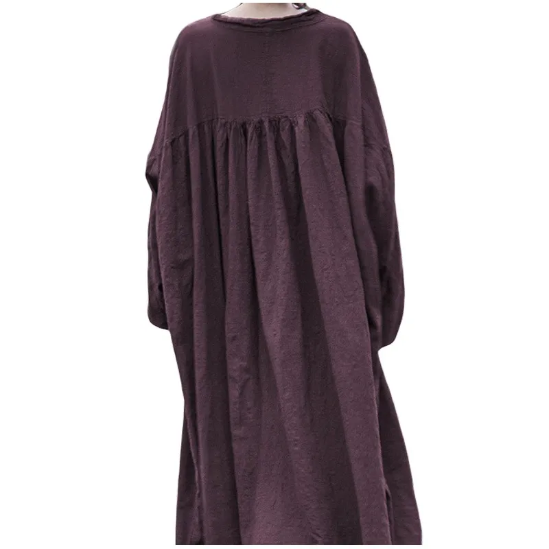 2023 Spring Autumn New Arts Style Women Long Sleeve Loose O-neck Dresses Vintage Cotton Linen Solid Long Dress Top quality P527