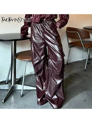 TWOTWINSTYLE Solid Leather High Street Trousers For Women High Waist  Elastic Waist Temperament Wide Leg Pants Female Fashion