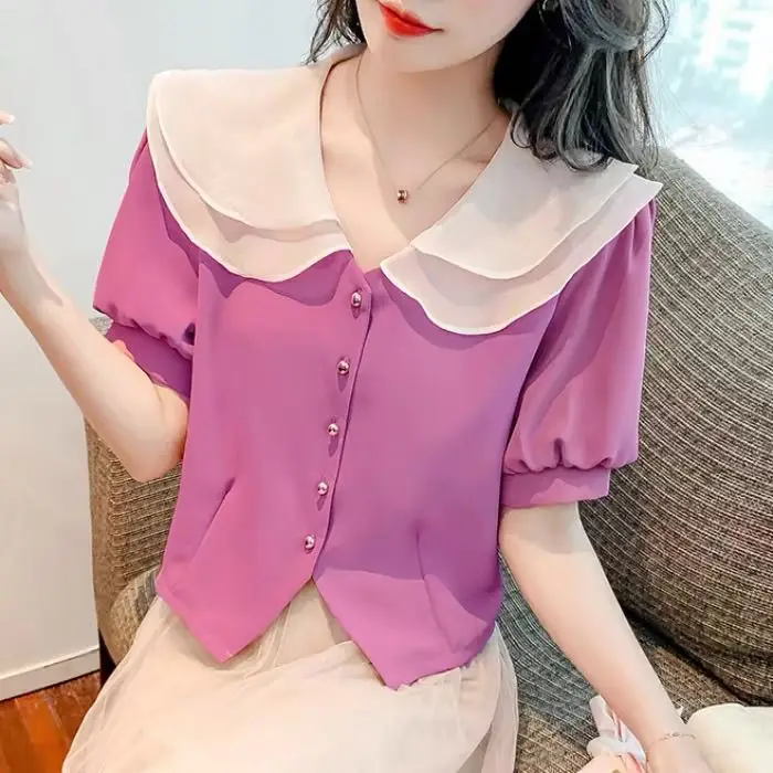 

Doll Collar Shirt for Summer Short Sleeves for Women New Short Style Waist Bubble Chiffon Top