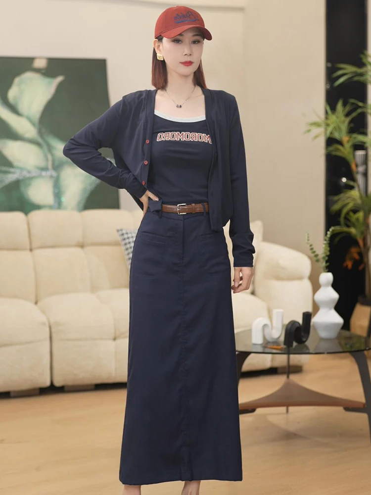 Slimming Blue Straight Midi Skirt High Waist A-Line Korean Style for Pear Shaped Body Spring Autumn New Arrival Yood Lovees