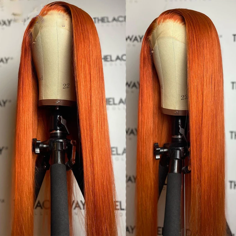 Peluca larga y suave de encaje frontal para mujer, pelo de bebé, naranja, sedoso, resistente al calor, sin pegamento, 180% de densidad, 26 pulgadas