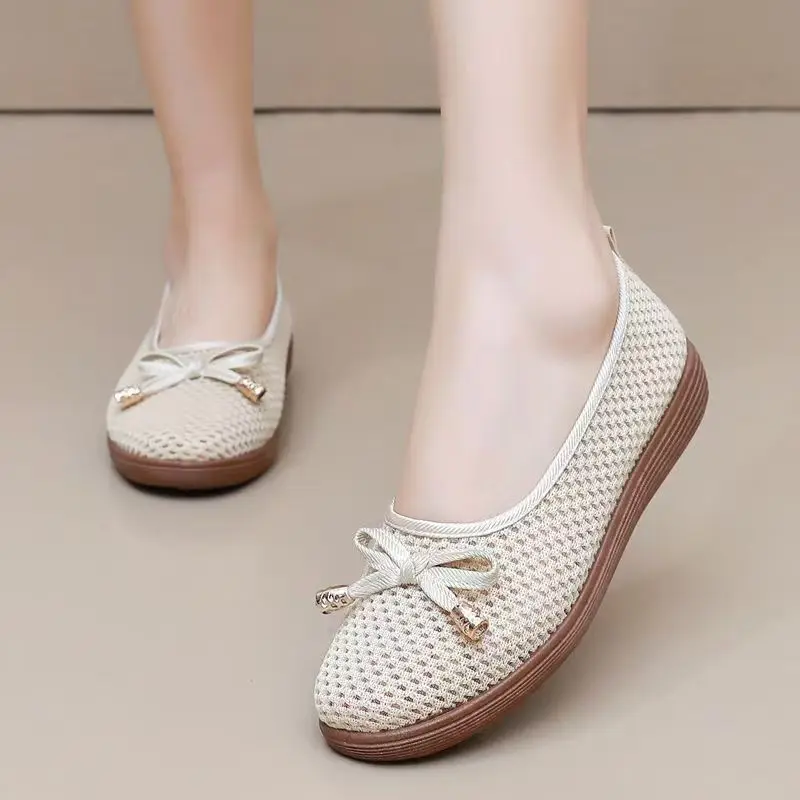 

Women Summer New Flat sole Mesh Casual shoes Soft Sole Non Slip Round Toe Bowknot Shallow Slip On Work Shoes Elderly Women Shoes