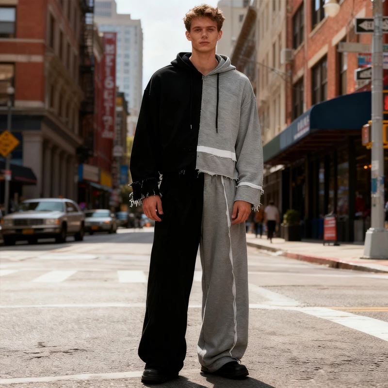 

Street Hip Hop Y2K Men's Black Grey Block Super Large Hoodie Street Wear Loose Two Piece Set Sports Set Casual Wear
