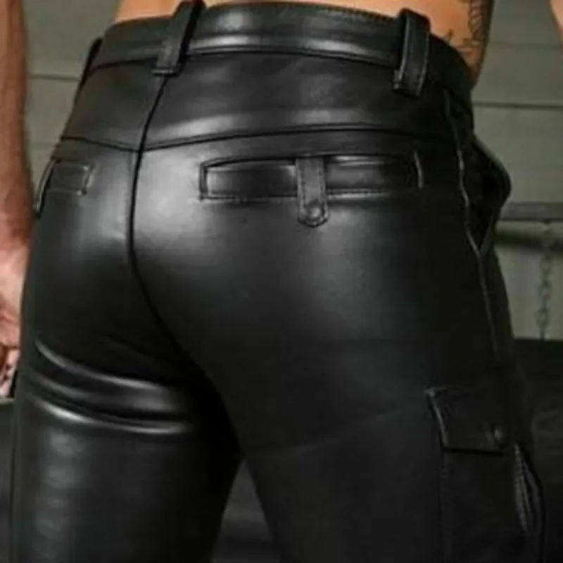 Calça punk masculina de couro PU, bolso grande, zíper duplo, decoração, casual, sexy, monocromática, novo, 2023