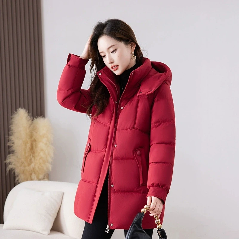 

Winter Coat Women Fashion Middle Age Mother Mid Long Down Cotton Hooded Jacket Casual Solid Warm Thick Outwear Female Parka