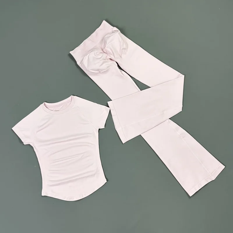 2Pcs Sports Short Sleeve Top Set Solid Color Sexy Yoga T Shirt Women Fitness Flare Leggings Seamless Gym Short Sleeve Top Set