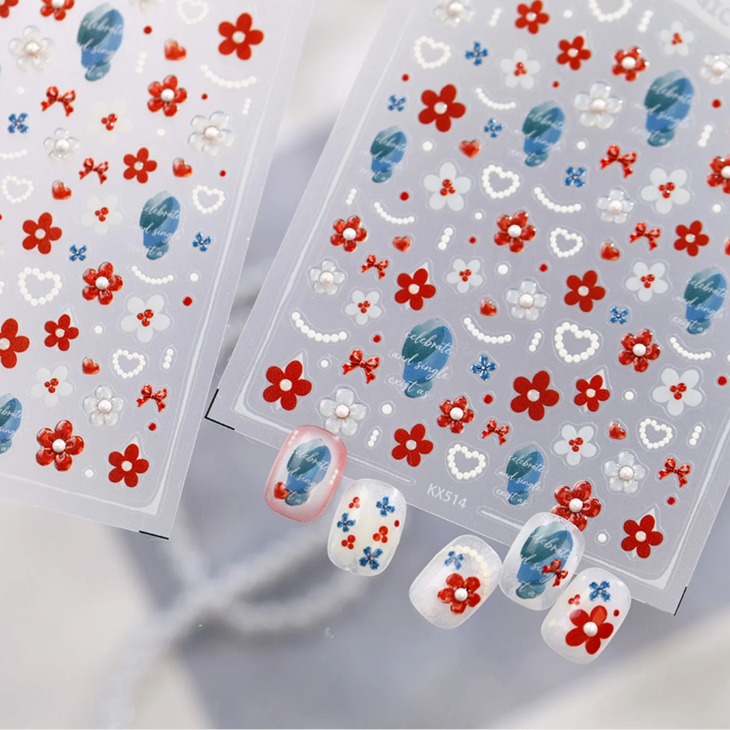 Gloss Red Five Petal Flower Fruity Jelly 5D Nail Art Stickers Sweet Pearl Heart Loop Bow Pearl Spots Self Adhesive Nail Decals