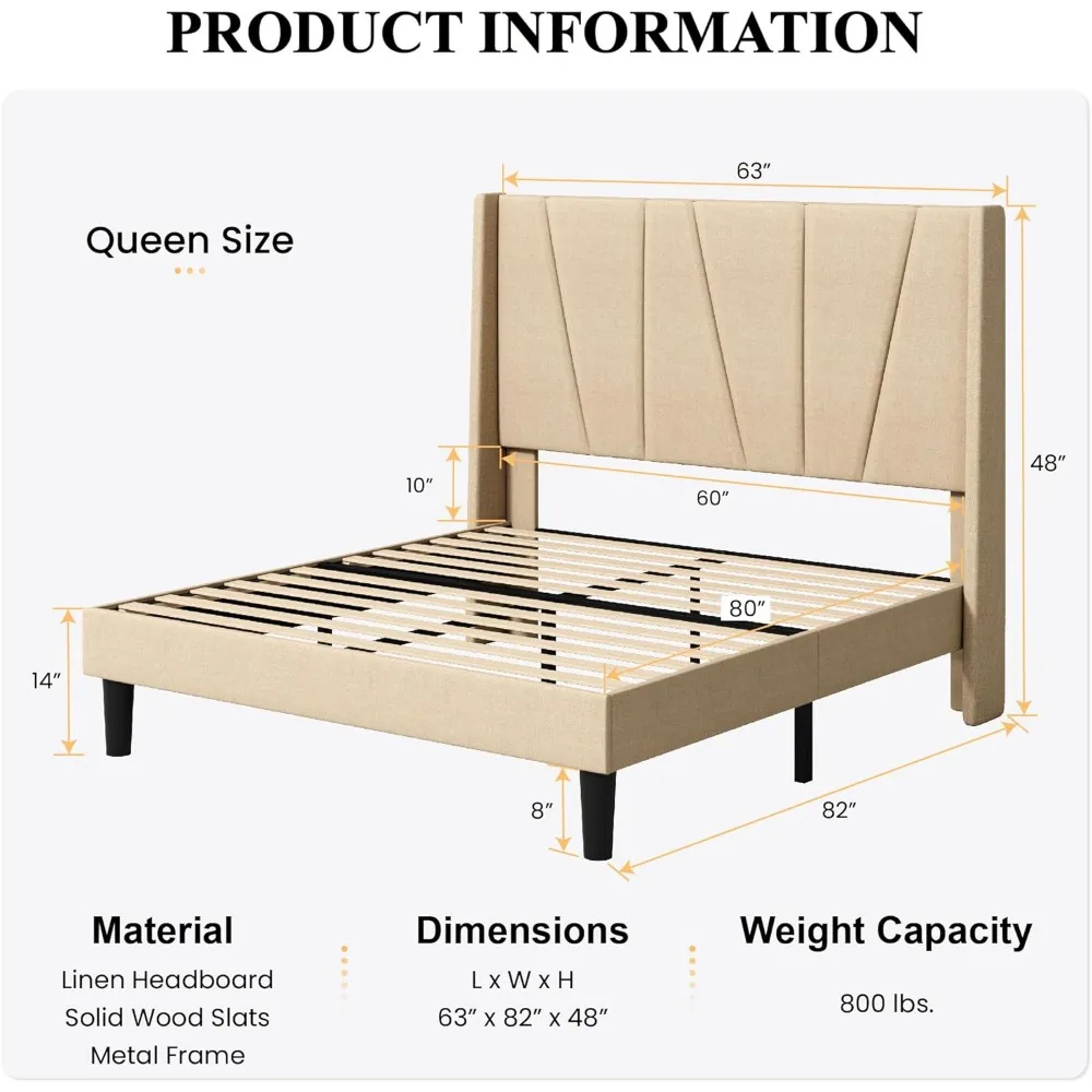 Cadre de lit avec planche de sauna à oreilles géométriques, plate-forme posée solutions, support de lattes en bois, espace sous le lit de 8 po, sans bruit