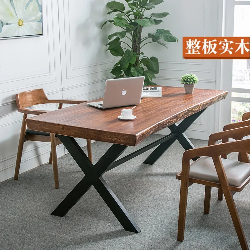 Vintage Wrought Iron Solid Wood Lab Office Desk Large Board Conference Workstation for Laboratory Reception