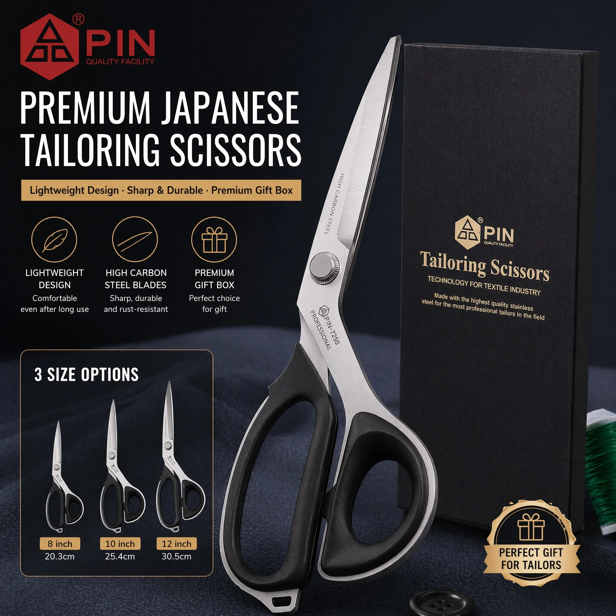 PIN Heavy Duty Dressmaking Scissors 3 Size, Industrial Sharp Fabric Shears for Denim Leather, Professional Tailor Quilting Tools