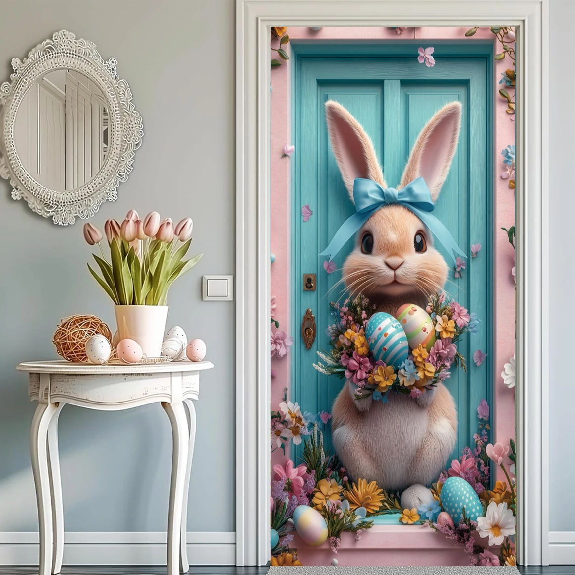 Sfondo di copertura per porta di buona Pasqua Primavera Simpatico coniglietto Uova Fiori Erba verde Decorazione per interni ed esterni Sfondo di copertura per porta