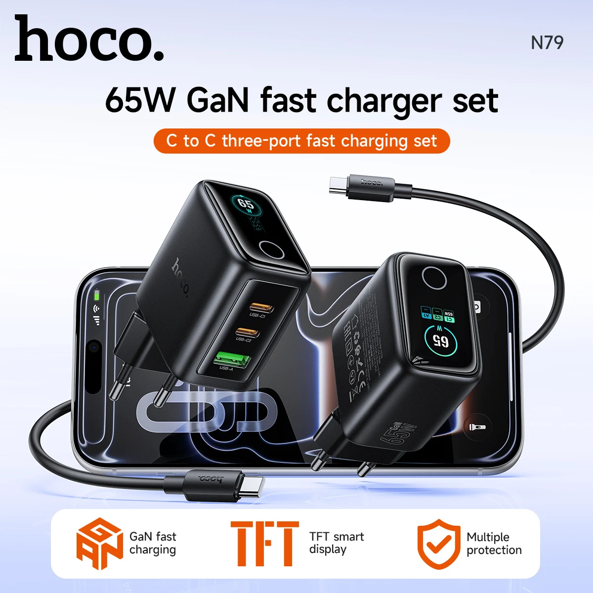 HOCO N79 TFT Digital Display PD65W Phone Fast Charger USB C Travel Adapter With Cable For iPhone 18 Samsung Power Supply EU Plug