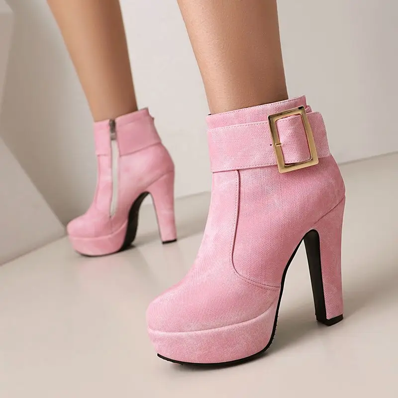 ASILETO 2024 Fashion Ankle Boots Round Toe Chunky Heels 11.5cm Platform 3cm Zipper Belt Buckle Big Size 42 43 Sexy Party Bota