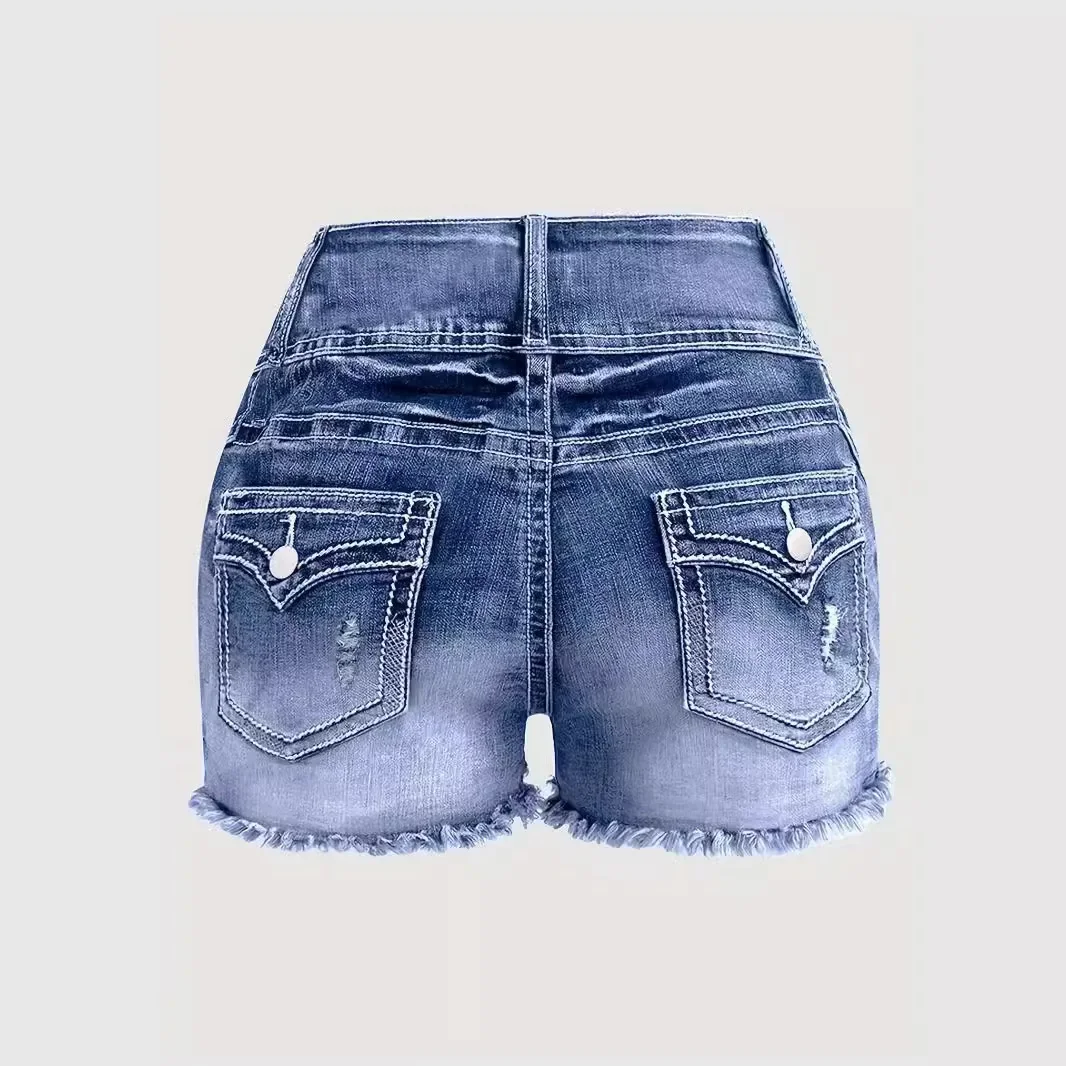 New Summer Fashion for Women Washed Denim Shorts with Rough Edges. Street Individuality Three-button High-waisted Short Jeans