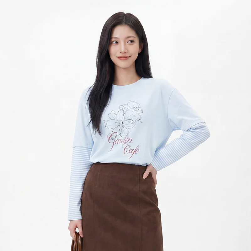 Women's Oversize Striped Faux Two-Piece Long Sleeve T-Shirt