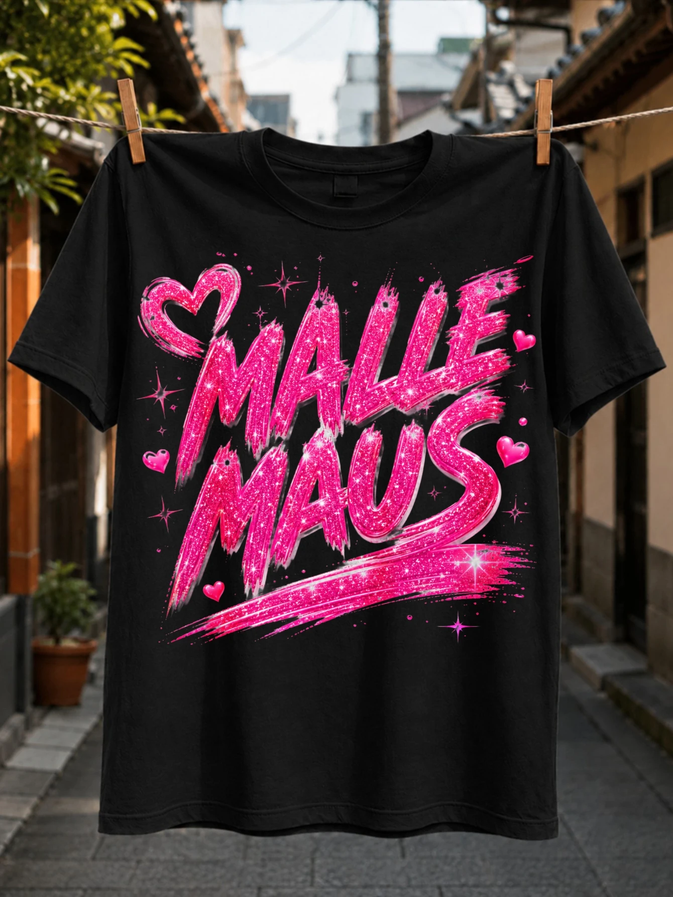glitter hot pink brush lettering MALLE MAUS with hearts and sparkling accents playful colorful  Unisex All T-Shirt