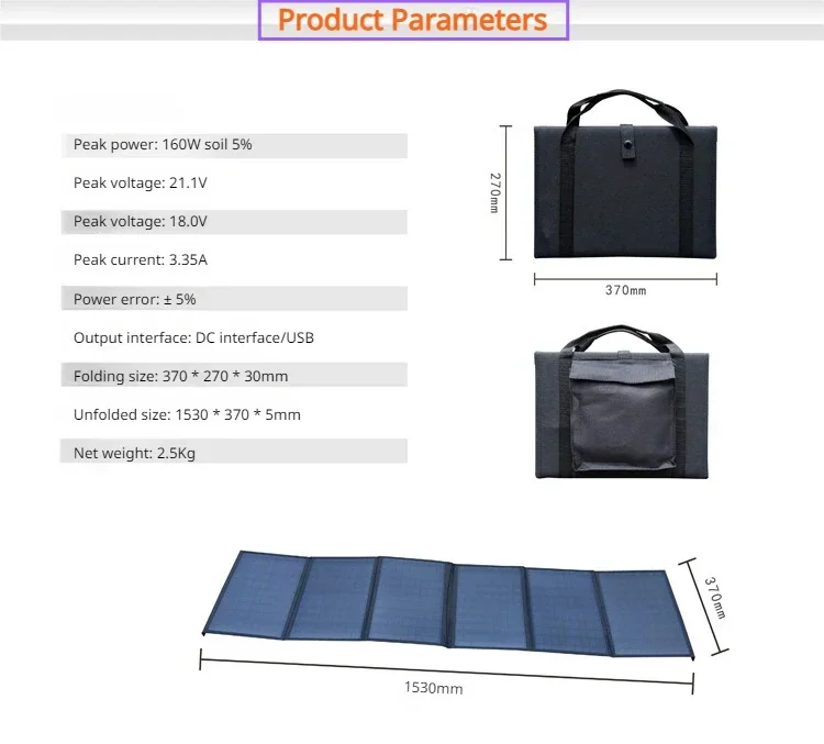 Pannello solare portatile all\'aperto 18V 160W pieghevole impermeabile 5V Dual USB celle solari Smartphone caricabatteria Mobile