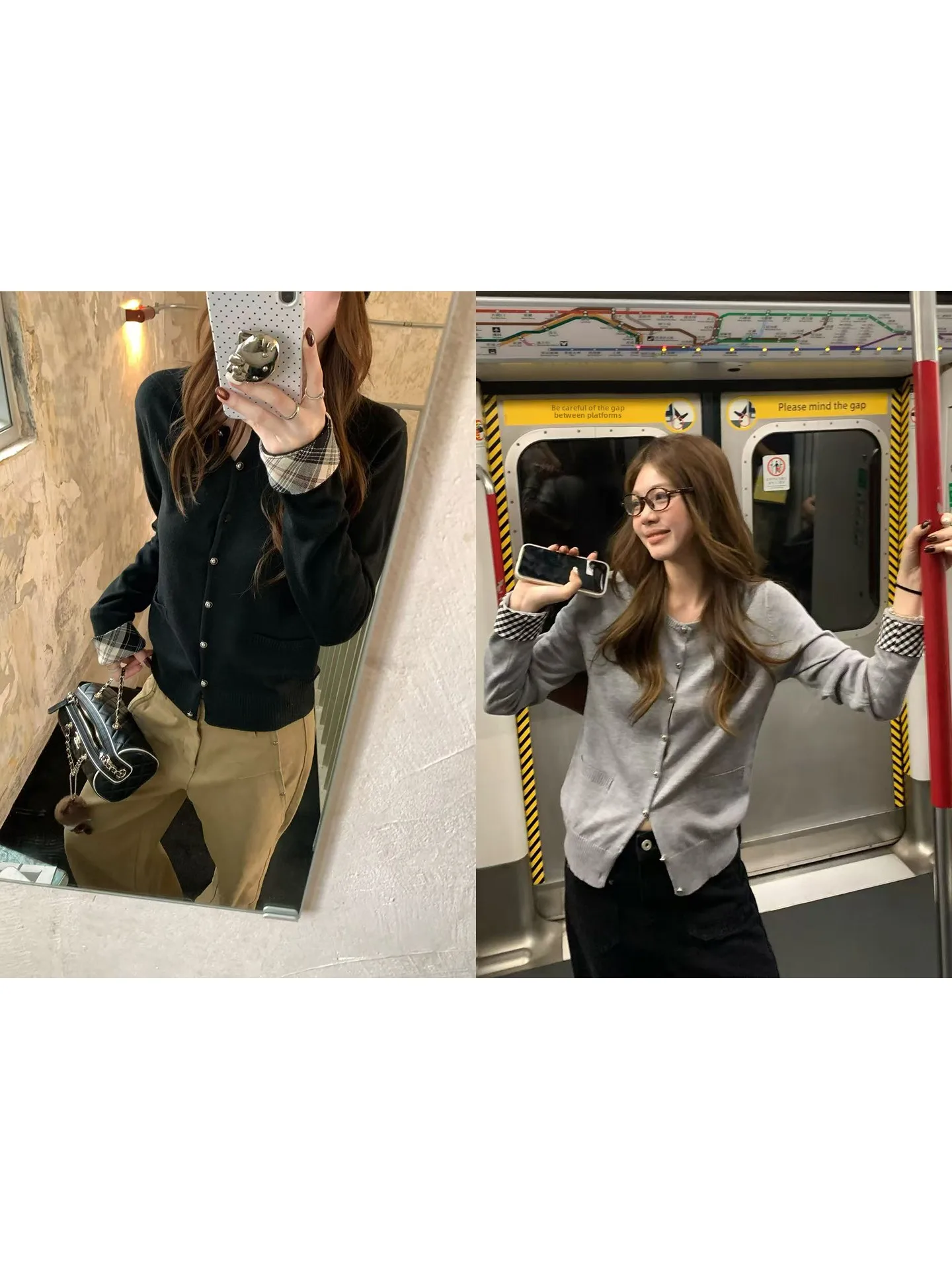 

Women's Fine Needle Knitted Plaid irt Sve Long Autumn Season Verona Autumnal Open Cardigan Warmth Retaining round Ne