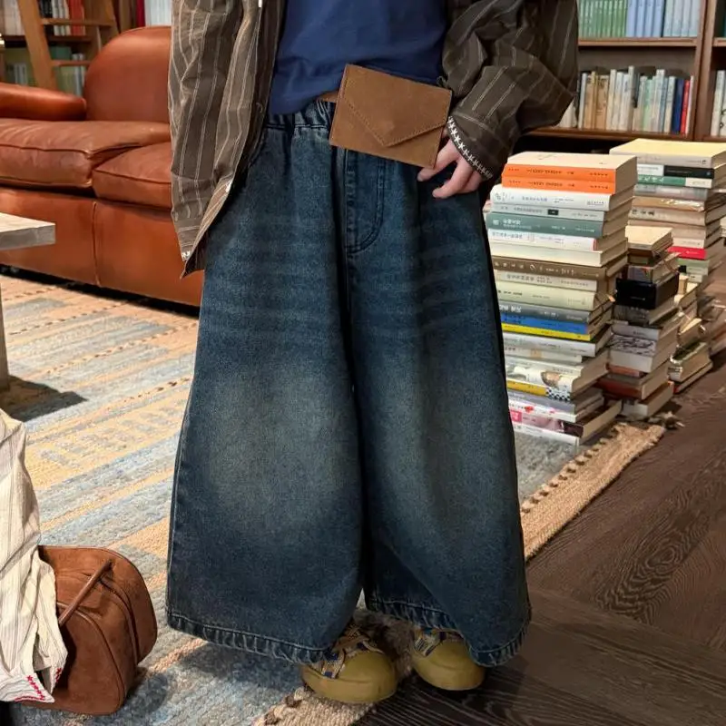 2026 Autumn New Children Denim Trousers Girls Versatile Wide Leg Pants Boys Fashion Loose Casual Pants Kids Clothes