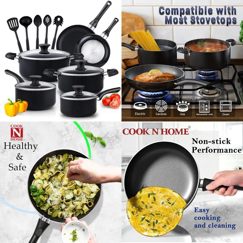 

Nonstick 15-Piece Kitchen Cookware Set with Saucepan and Frying Pan, Cool Handle, Black, Ideal for Everyday Cooking