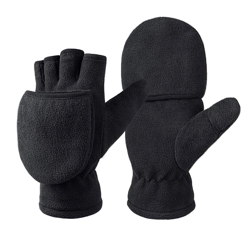 1Pair Autumn And Winter Warm Gloves Portable Half-finger Flip-up For Office Photography Fingerless Plus Velvet Gloves For Men