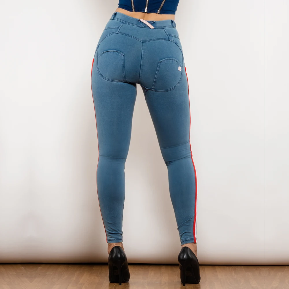 Shascullfites Melody Jeans elasticizzati slim fit Leggings per il sollevamento del sedere da donna azzurri con dettaglio a strisce Jeggings alla moda