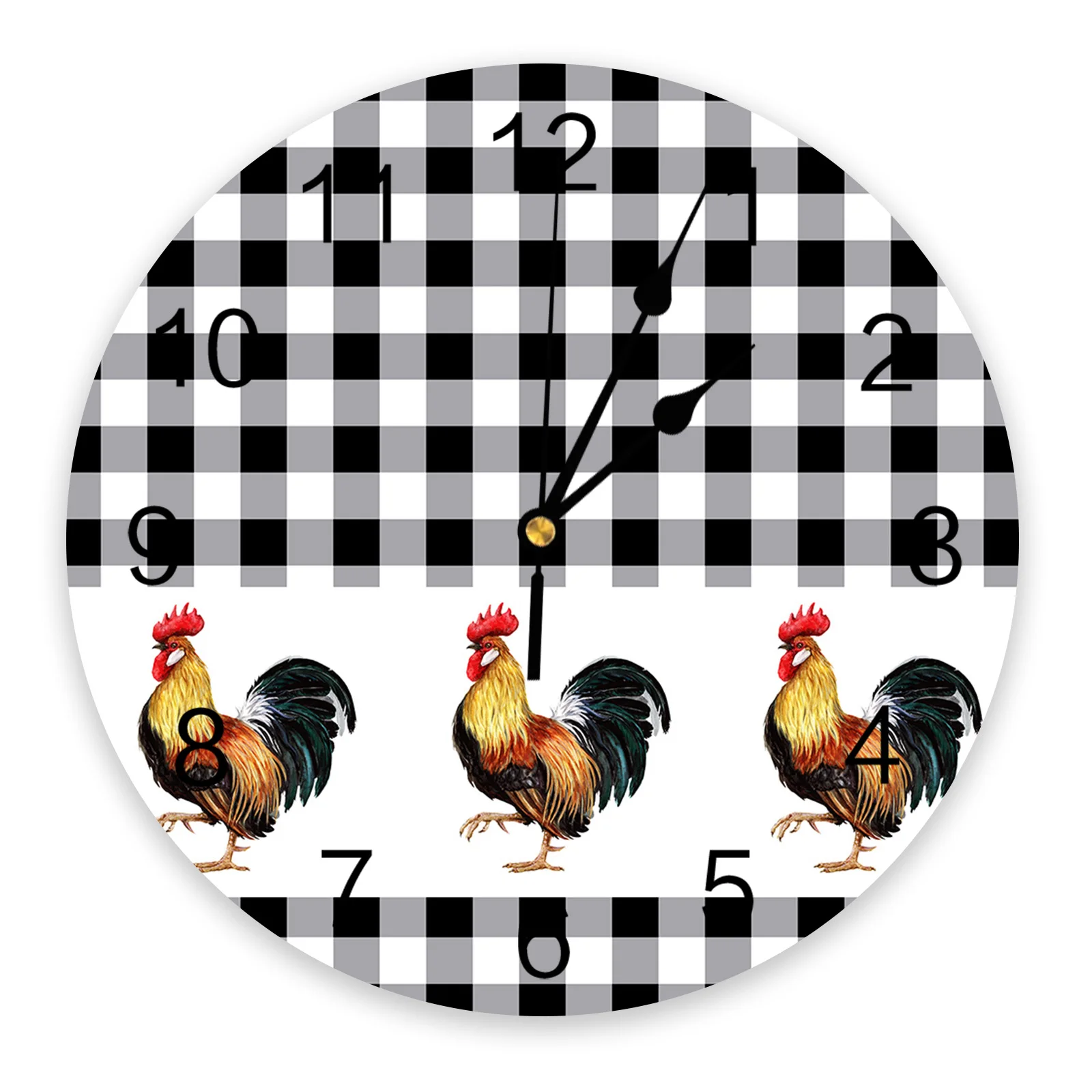 Farm Rooster Black And White Plaid Wall Clock Modern Design Silent Wall Watch for Bedroom Kitchen Round Hanging Clocks