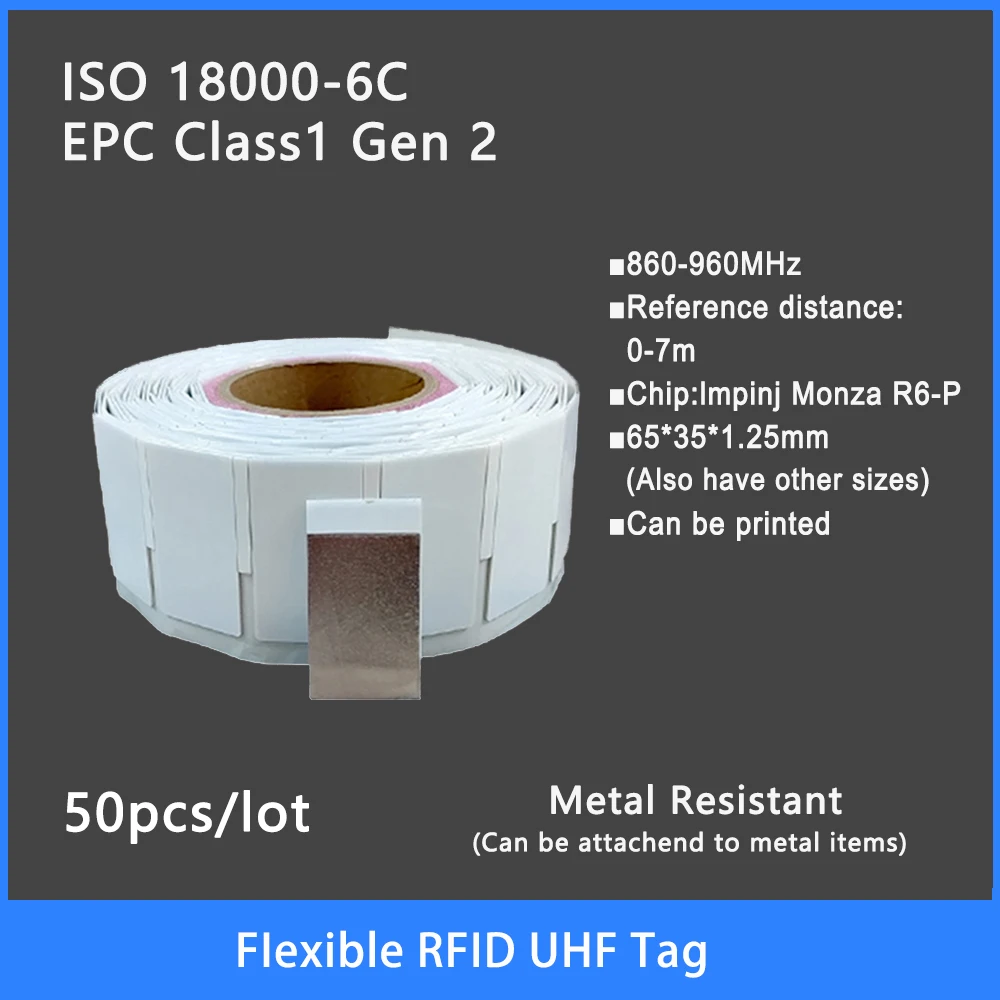 Etiqueta RFID UHF Flexível Anti metal 18000-6C 860-960MHz Etiqueta RFID UHF Etiqueta Eletrônica 900 MHz Alta Qualidade 50PCS