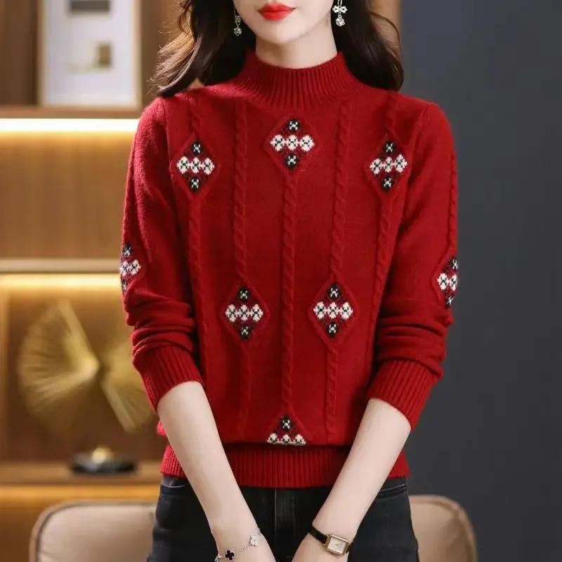 

2024 women's jacquard, semi-turtleneck sweater, knitted cardigan, fashionable loose pullover, long sleeves, new winter sweater