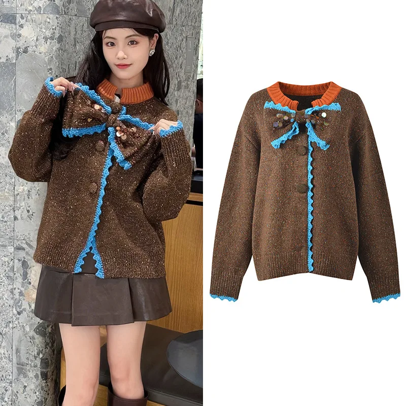 

Autumn 2025 New Loose Soft Knitted Sweater Cardigan Knot Decoration Color Blo ape Knitted Top Women's Faion