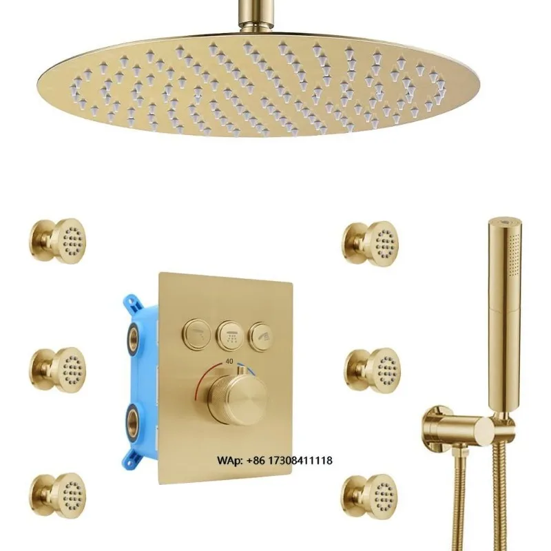 12-Inch Thermostatic Rain Faucet Set with Handheld Body Massage Nozzle Brass Brushed Gold Rain Shower System Ceiling Mount
