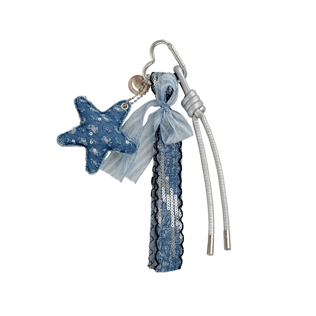 Sequined Ribbon Key Chain Mixed Material Five-Pointed Star Charm Metal Keychain Charm Sequined Bag Hanging Accessory For Handbag