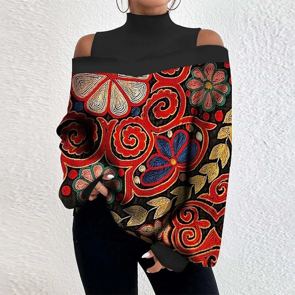 Damskie wiosenne topy na T-Shirt w kwiatowy wzór z odkrytymi ramionami damskie na szyję luźne bluza wkładana przez głowę odzież Plus Size 2024