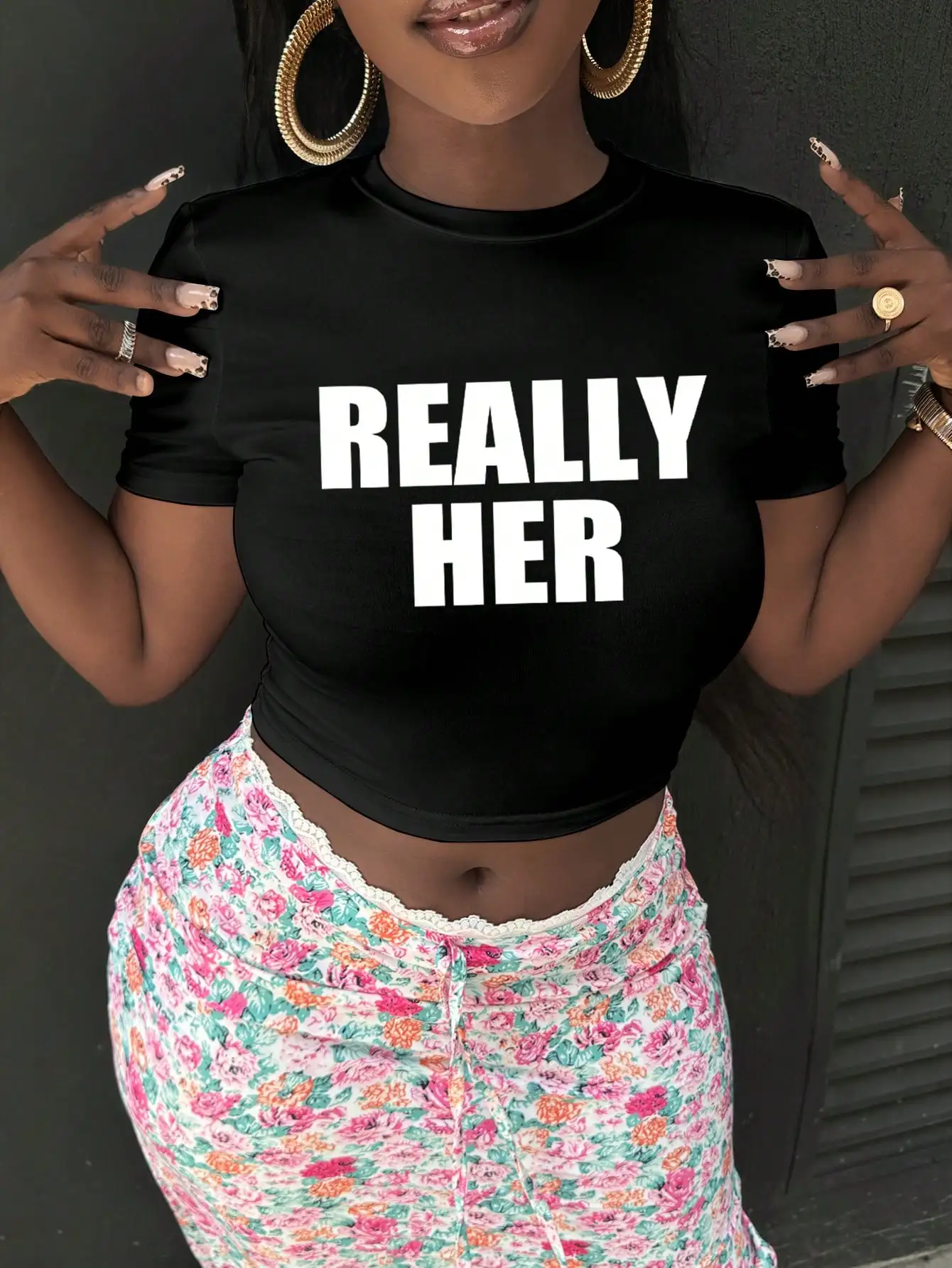 

Women's 'REALLY HER' Letter Print Short Sleeve Cropped Fitted T-Shirt