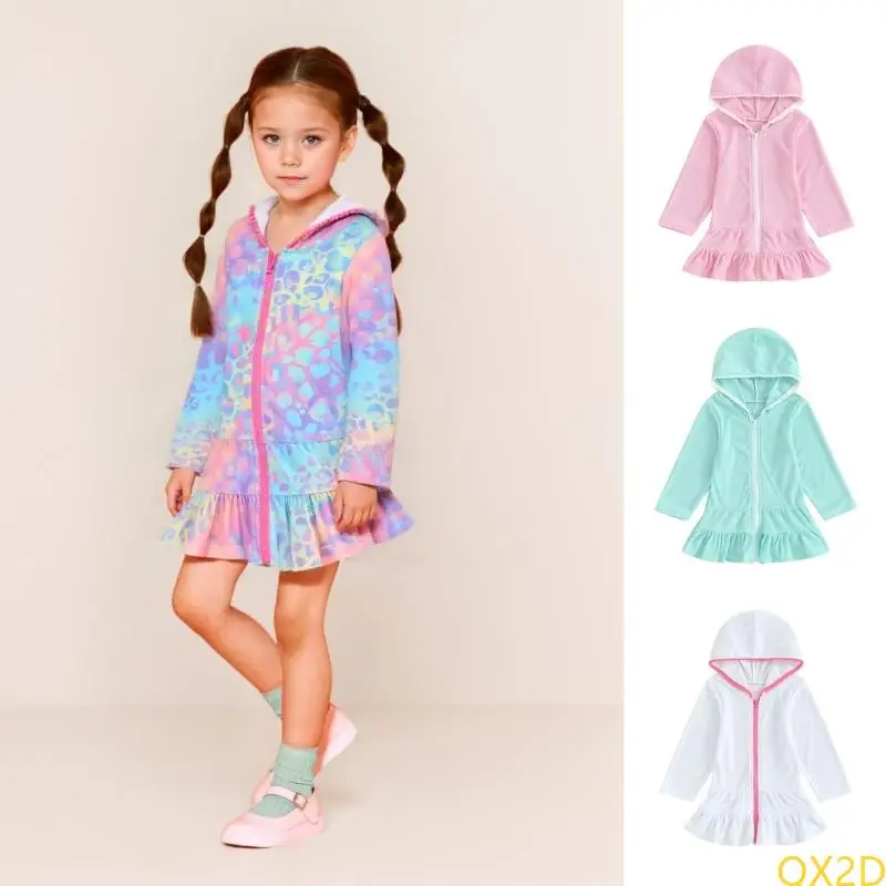 Girls Cosy Beach Wear Zippered Cover Up Long Sleeve Swim Dress For Outdoor Play