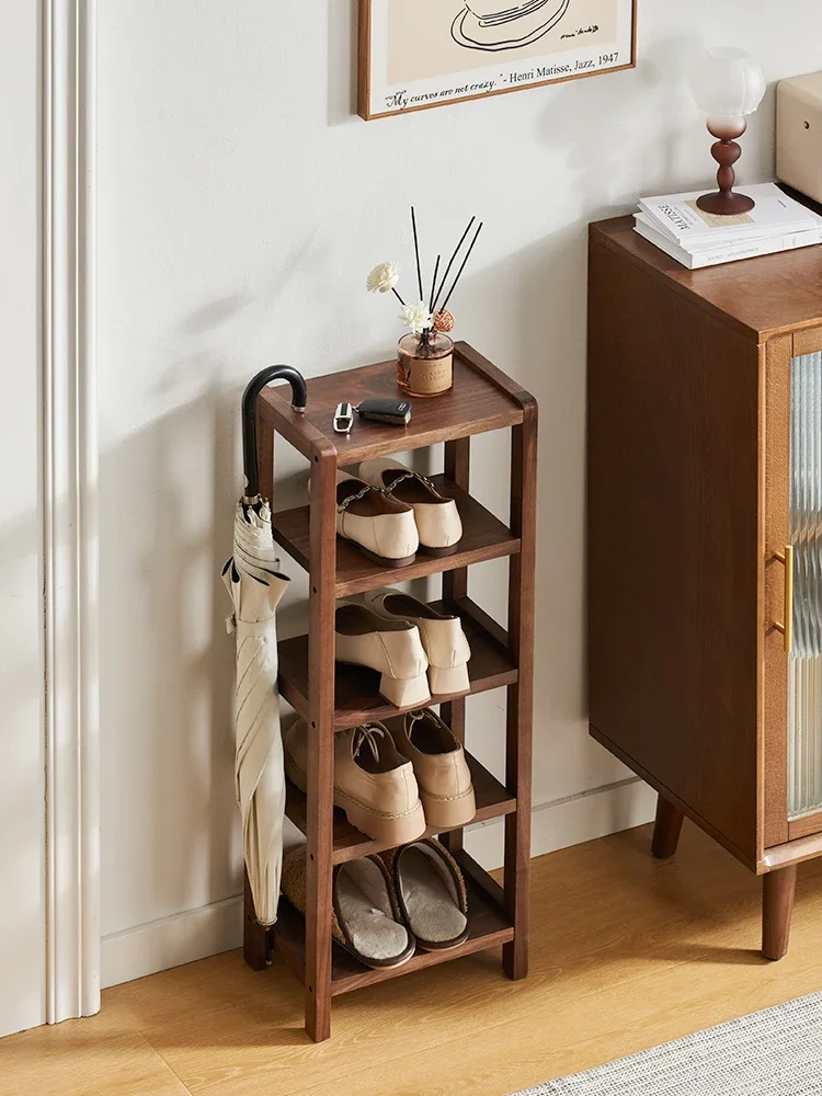 Black walnut solid wood shoe rack, modern and minimalist entrance, multi-level storage rack, small unit, extremely narrow