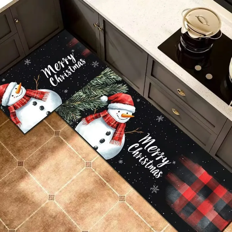 VIKAMA 1/2pcs Black White Check Scarf Snowman Merry Kitchen Rug Durable Machine Washable Kitchen Sink Living Room Home Decor