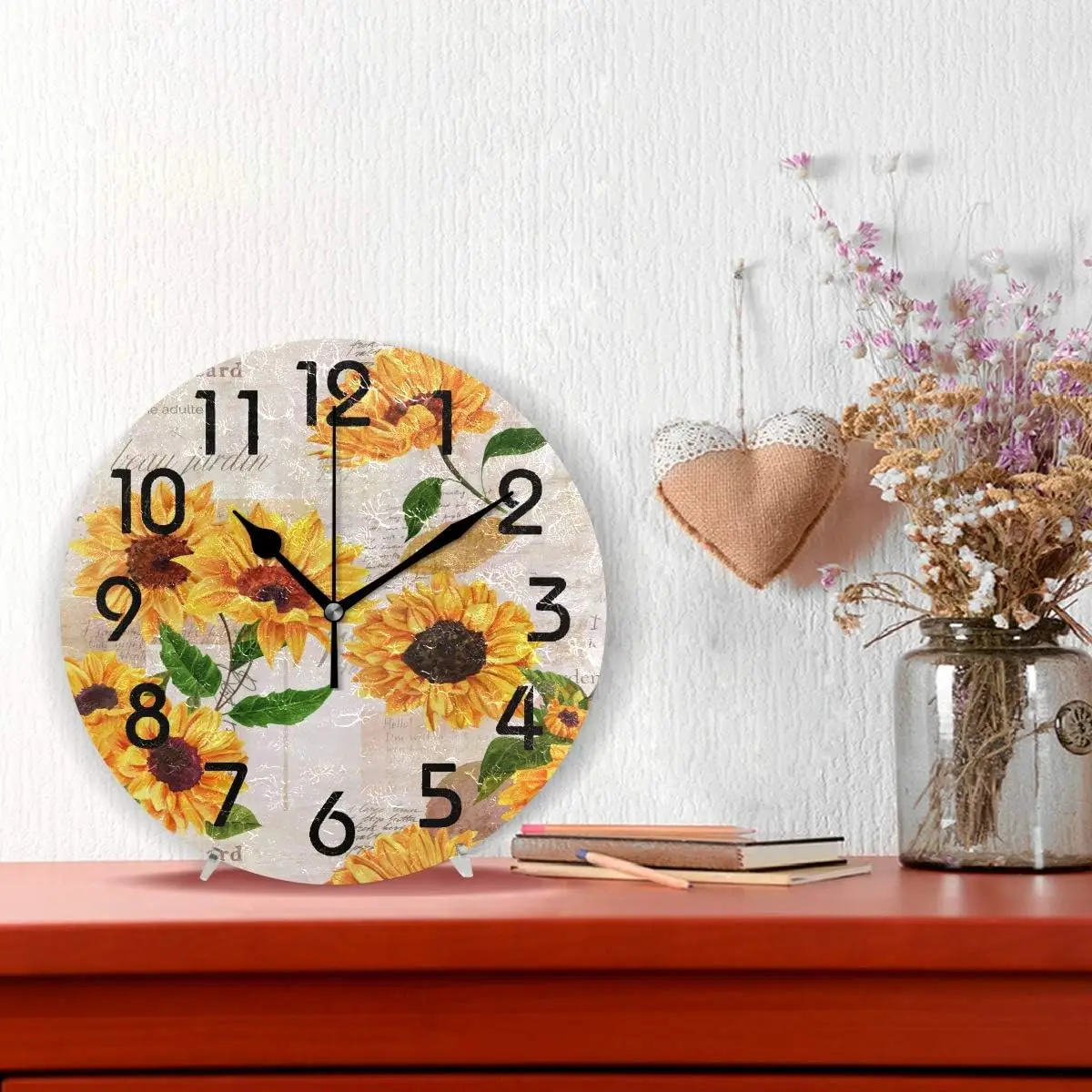 Beautiful Vibrant Sunflowers Vintage Pattern Round Pattern Round Wall Clock, 9.5 Inch Battery Operated Quartz Analog Quie