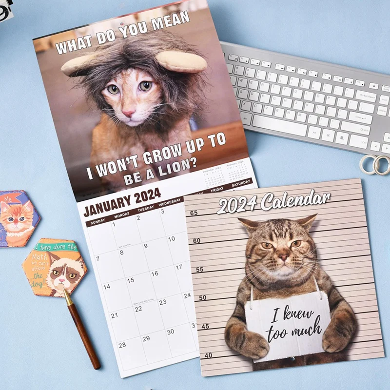 Calendário de parede com Funny Cat, Gag Gift, 2022, janeiro 2024-dezembro 2024