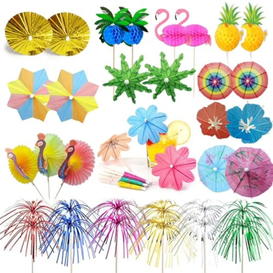 

12 Styles]Drink Umbrellas Cocktail Picks Coconut Palm Cocktail Umbrellas Firework Drink Stirrers Tropical Cocktail Sticks for D
