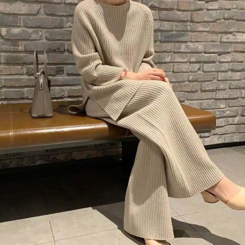 

Basic Knitting Winter Sweater Tracksuits Round Collar Loose Woman Wide Leg Pants Suits Trousers 2 Pieces Sets T742