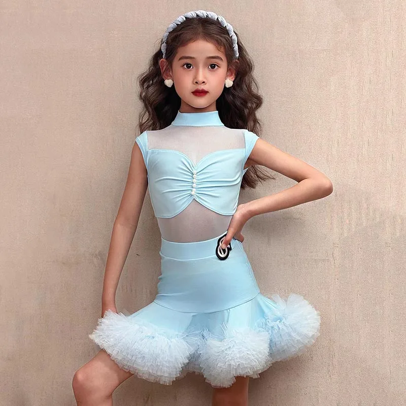 

Children Latin Dance Training Dress Kids Girls Pearl Folds Bodysuit and Tutu Skirt Samba Ballroom Women Competition Dancewear