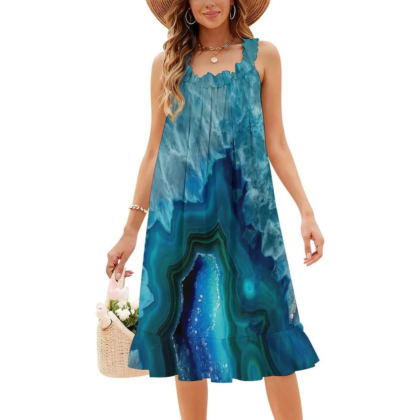 Teal Blue Agate Sweetheart Neckline Dress Elegant Summer Party Dress For Women Agate Blue Teal Diamond Gem Stone Women's Dress